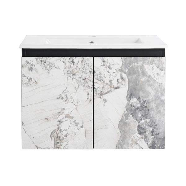 EPOWP 24 in. W x 18.3 in. D x 17.3 in. H Single Sink Floating Bath Vanity in Black Circle with White Ceramic Top and Cabinet