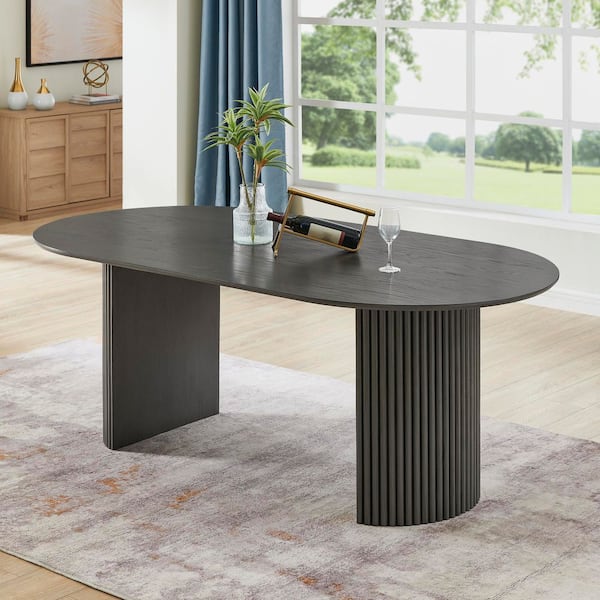 Alma Gray Oak Wood Frame Double Pedestal Base 80 in. W Oval Dining Table Seats 6