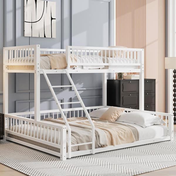 White Twin XL Over Queen Bunk Bed with Ladder and Safety Guardrails