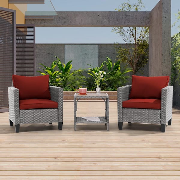 JOYESERY 3-Piece Gray Wicker Patio Bistro Set Outdoor Single Sofa Set with Side Table for Outdoor Lawn, Rust Red Cushions