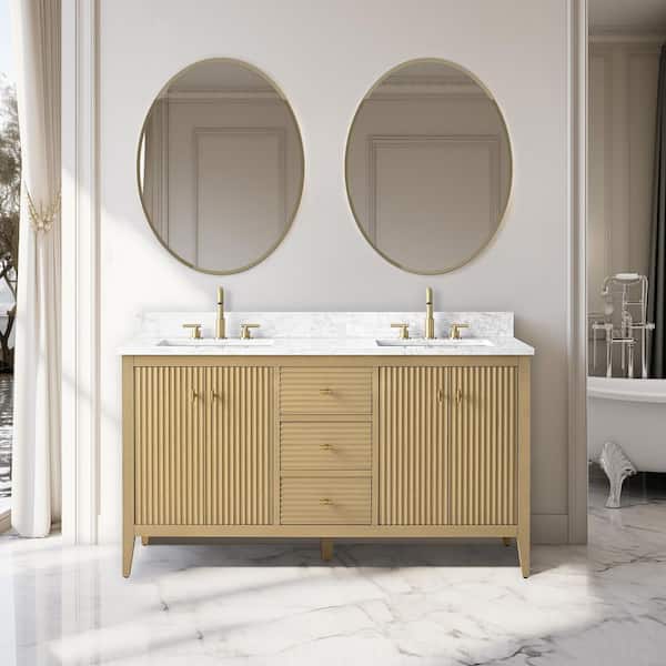 Vanity Art 60 in. W x 22 in D x 38 in. H Double Sink Bath Vanity Cabinet in Linear Natural Oak with White Engineered Marble Top