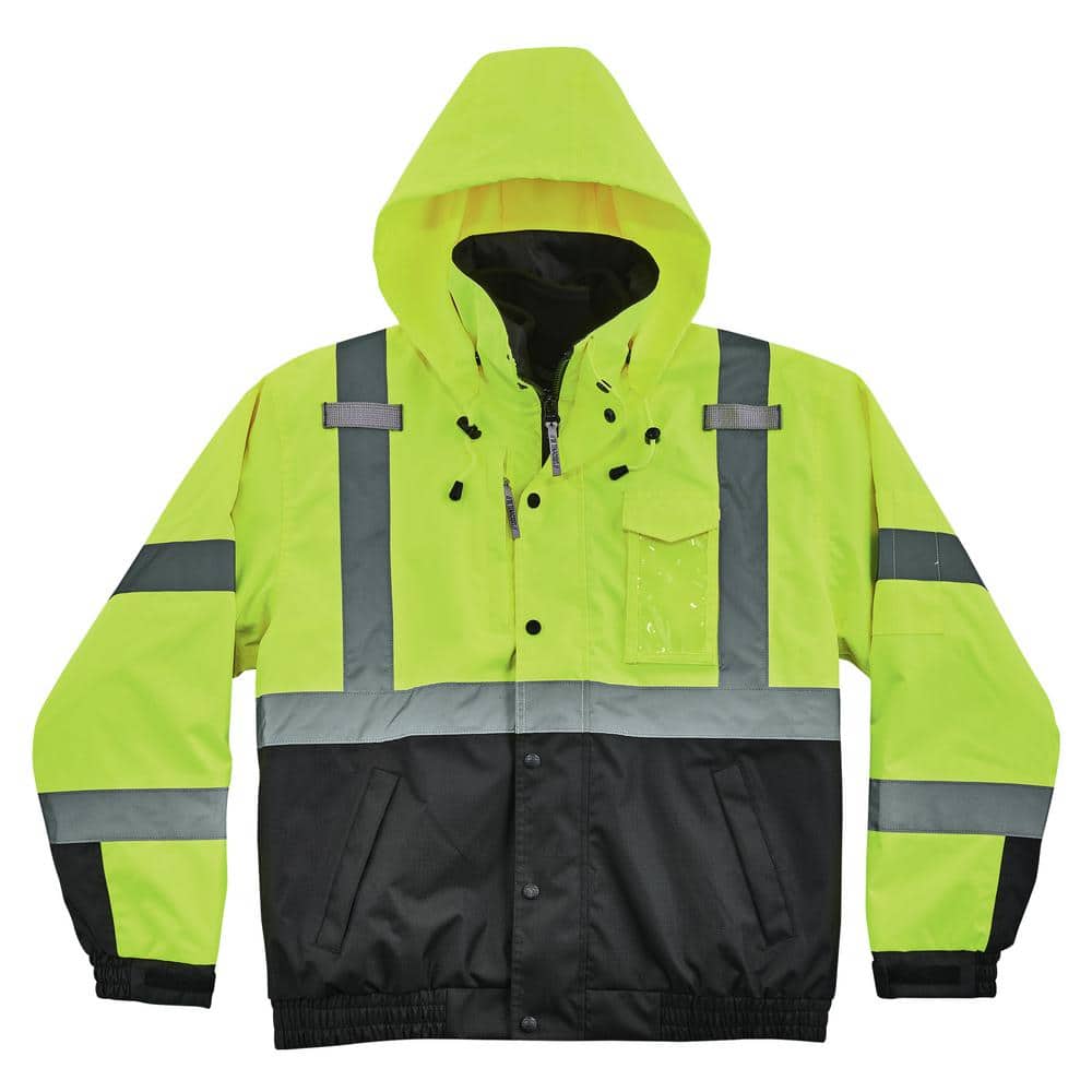 Mens Large Lime High Visibility Reflective Bomber Jacket with Zip-Out Blac