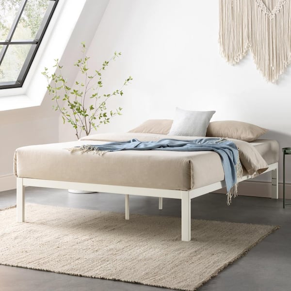 Rocky Base C 14 in. White Queen Metal Platform Bed, Patented Wide Steel Slats