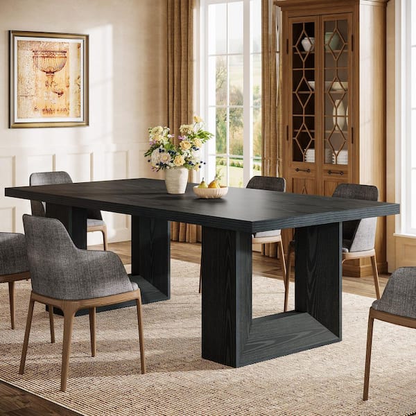 Halseey Rectangular Black Wood 63 in. 4 Legs Dining Table with Strong Geometric Frame Seats 6 for Dining Room Kitchen