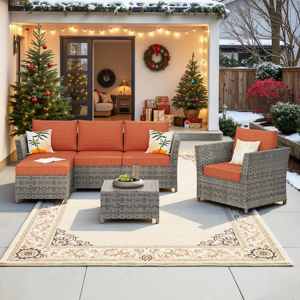 XIZZI Bella Gray 6-Piece Wicker Outdoor Sectional Set with Orange Red Cushions