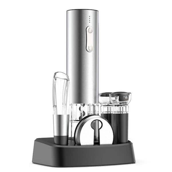 Sleek Silver Wine Opener Set Electric Wine Accessories Kitchen Wine Opener Set with Foil Cutter Pourer Stopper