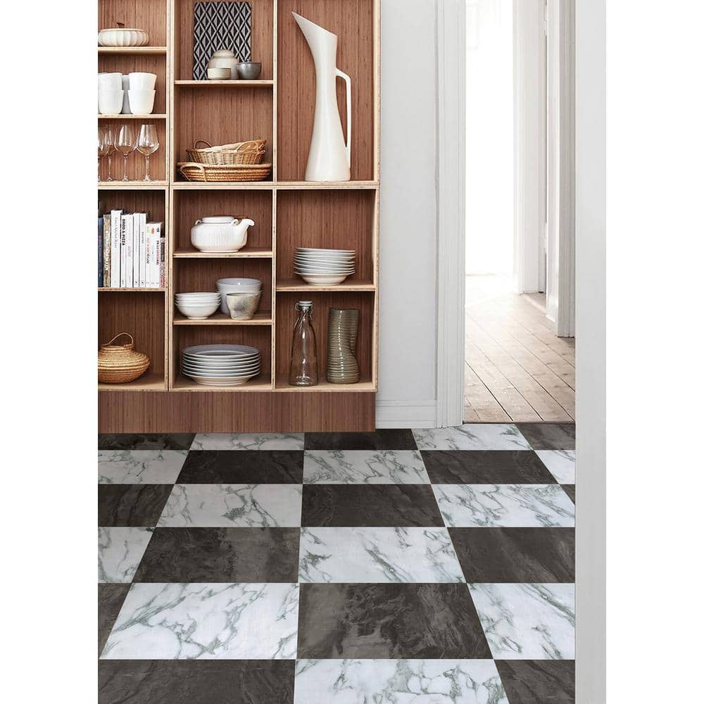 12'' x 12'' Black and White Marble Peel & Stick Floor Tiles