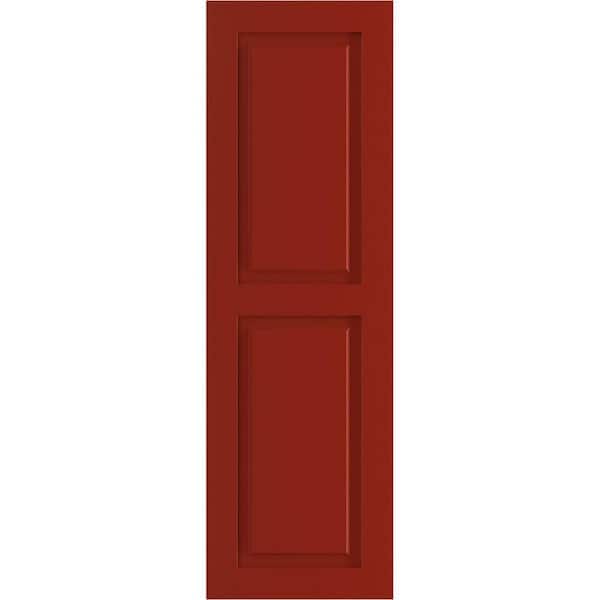 15 in. x 25 in. PVC True Fit Two Equal Raised Panel Shutters Pair in Fire Red