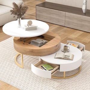 Modern Nesting 31.5 in. W Antique White and Natural Round Lift-Top MDF Coffee Table with Drawers