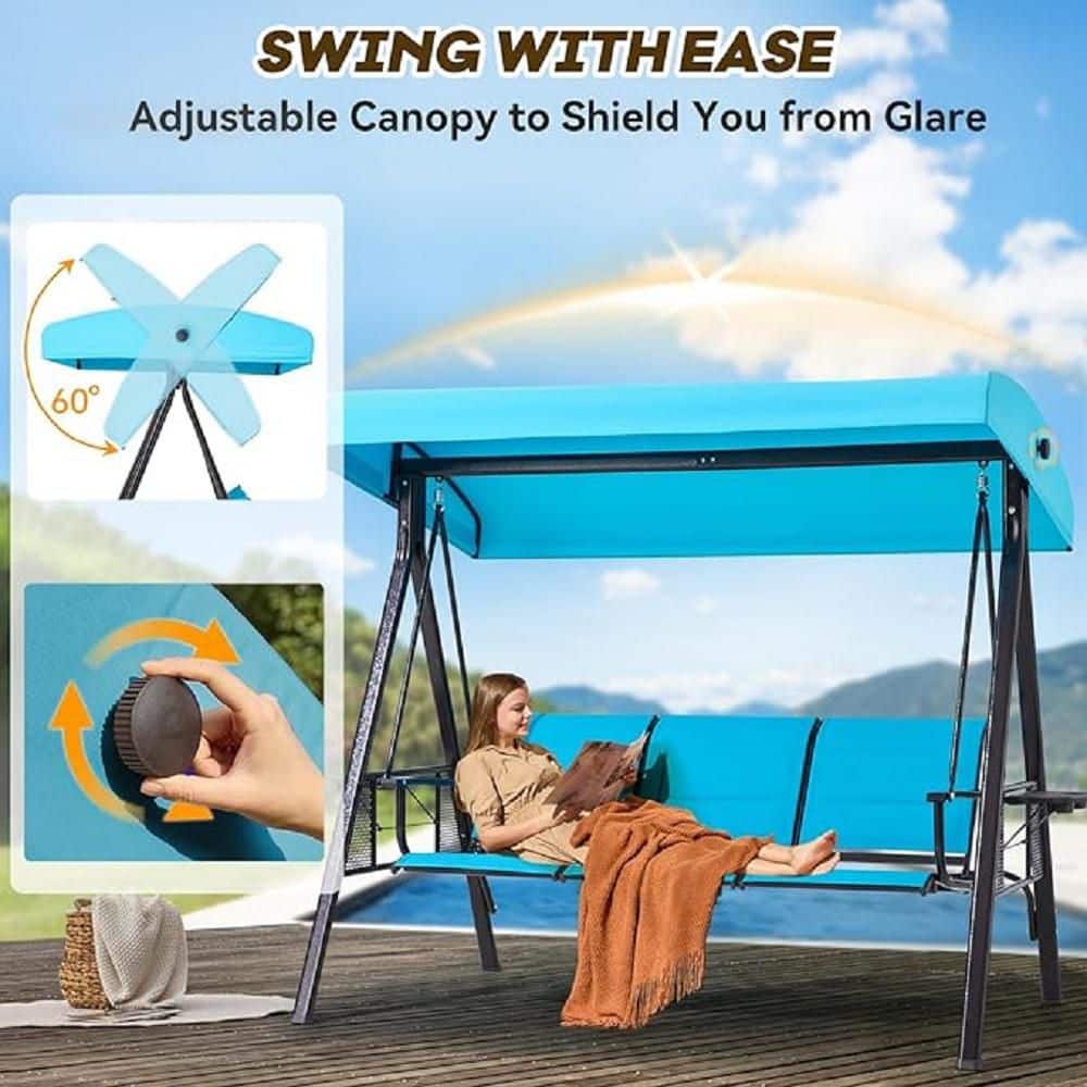 3-Person Metal Lake Blue Patio Swing Adjustable Canopy and Square