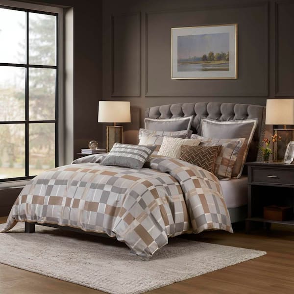 9 PCS King Jacquard Oversized Duvet Style Comforter Set Taupe 100% Polyester