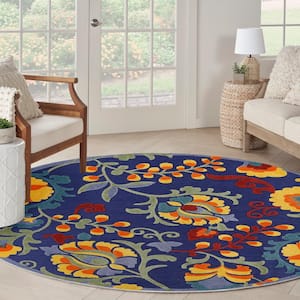 Aloha Navy Multicolor 5 ft. x 5 ft. Floral Contemporary Round Indoor/Outdoor Area Rug