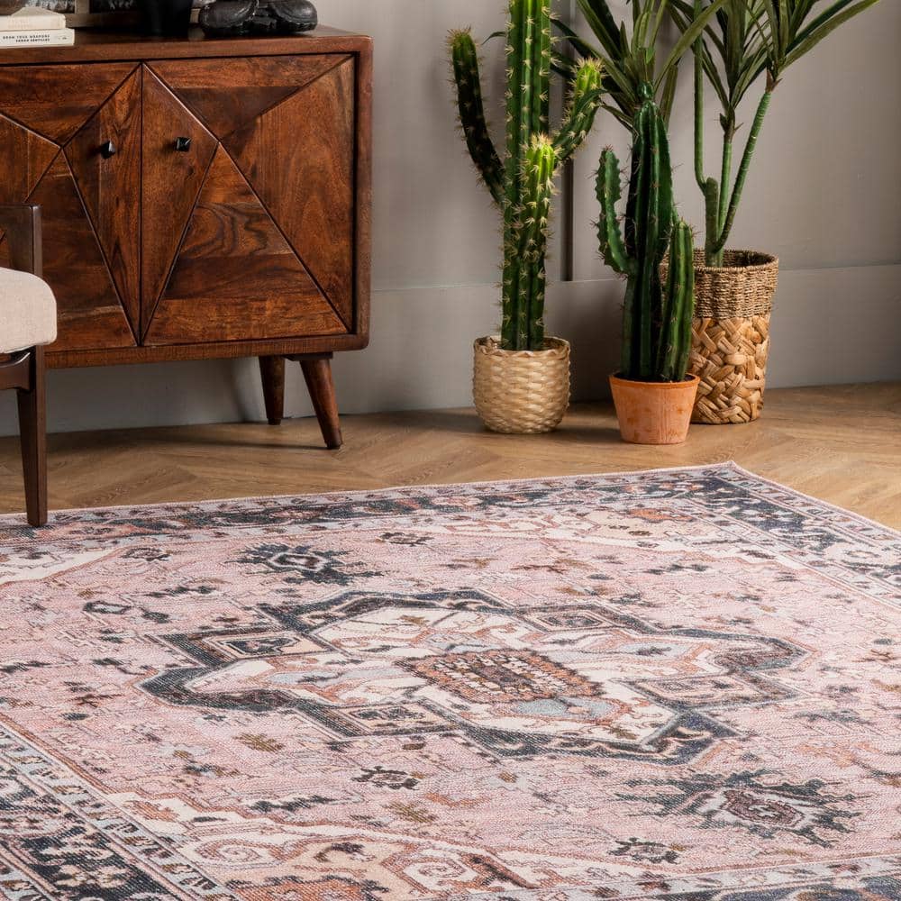 Eco-Friendly Sasha 8' x 10' Pink Medallion Washable Area Rug