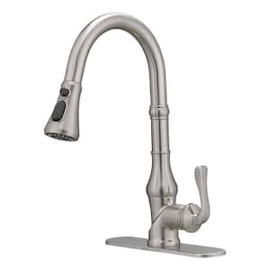 Single-Handle Deck Mount Gooseneck Brass Kitchen Faucet with Pull Down Sprayer and Deckplate Included in Brushed Nickel