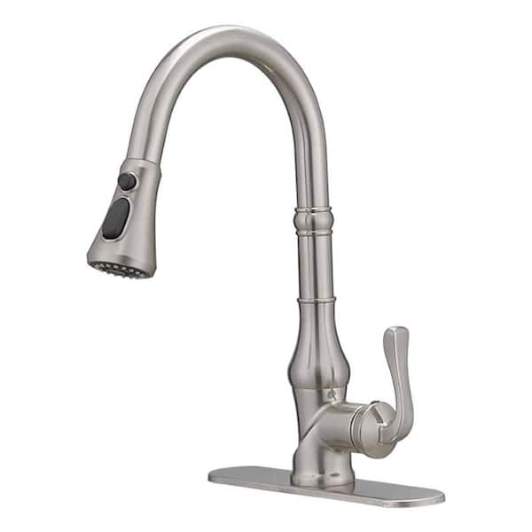 FLG Single-Handle Deck Mount Gooseneck Brass Kitchen Faucet with Pull Down Sprayer and Deckplate Included in Brushed Nickel