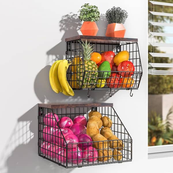 Fruit and Vegetable storage, 2 Set Wall Mounted Wire Fruit Basket for Kitchen Counter, Potato Onion Basket, Wire Basket