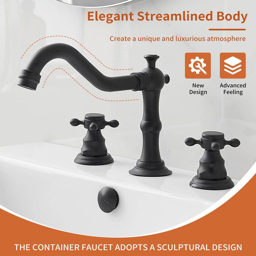 Matte Black 8-Inch Widespread 2-Handle Bathroom Faucet with Drain Kit