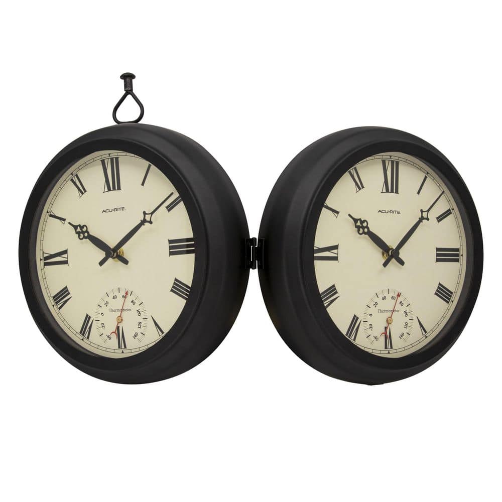 AcuRite 9-Inch Black Iron Double-Sided Hanging Clock with Thermometer