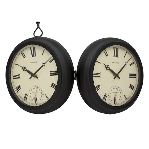 Acurite 9-In. Indoor/Outdoor Double-Sided Hanging Clock with 360° Spin Functionality, Iron Metal Frame and Thermometer