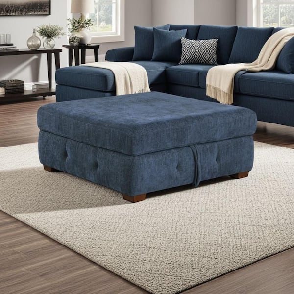 Rez Blue and Espresso Brown Chenille Square Storage Ottoman