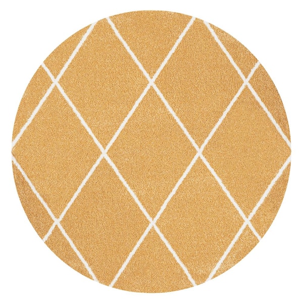 Cole Minimalist Diamond Gold/White 5 ft. Round Trellis Area Rug