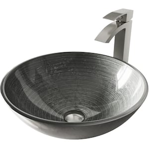 Glass Round Vessel Bathroom Sink in Silver with Duris Faucet and Pop-Up Drain in Brushed Nickel