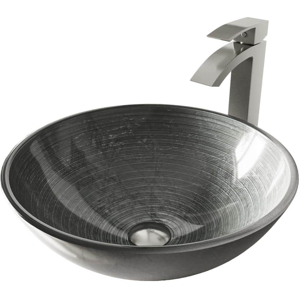 Simply Silver Round Glass Vessel Sink with Brushed Nickel Faucet