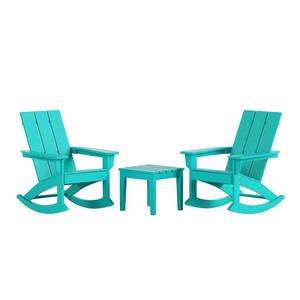 Shoreside Turquoise HDPE Plastic Modern Rocking Poly Adirondack Chair Set of 2 With Side Table
