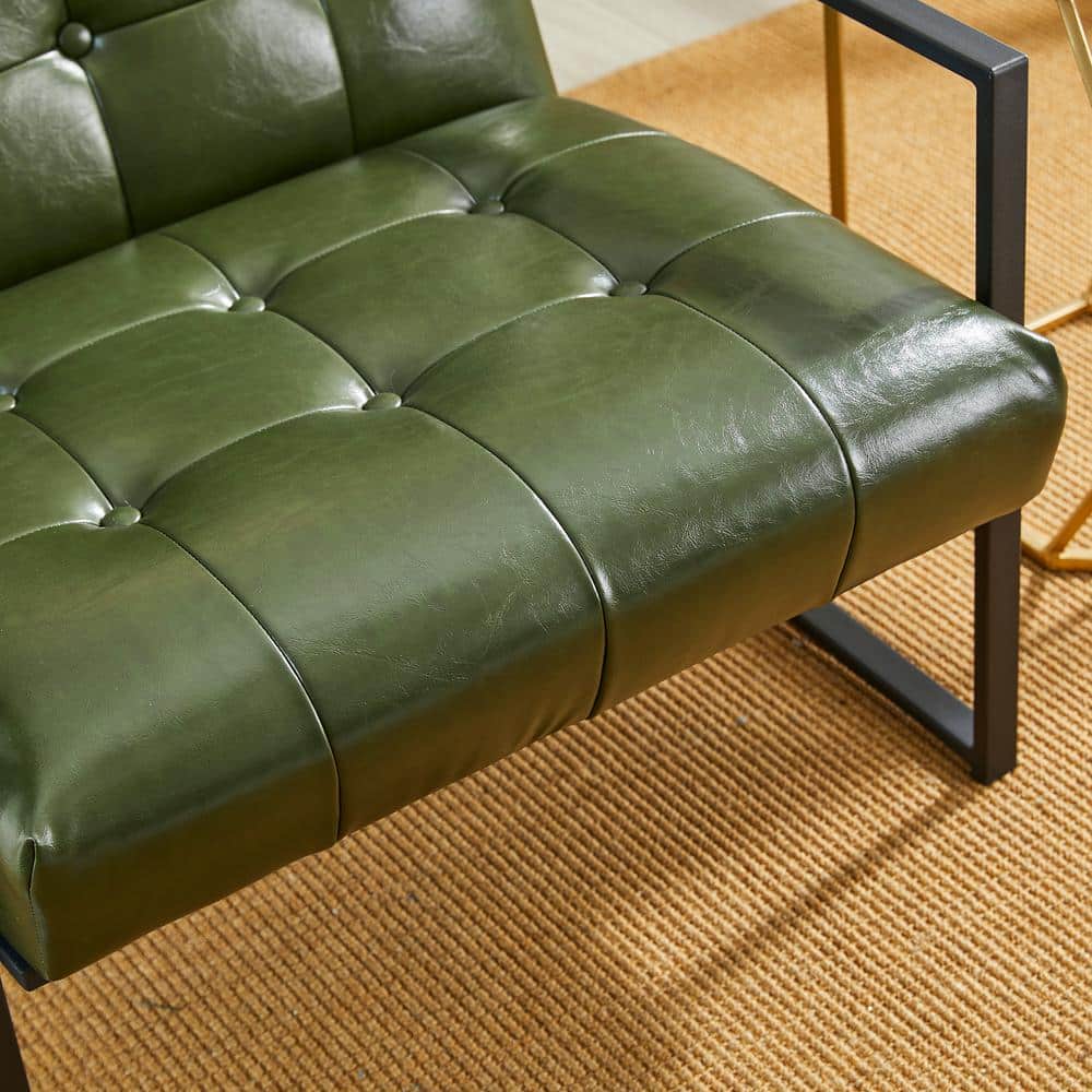 Hunter Green Faux Leather Button-Tufted Accent Chair with Metal Frame