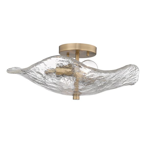 Golden Lighting Samara 15.375 in. 2-Light Modern Brass and Hammered Water Glass Semi-Flush Mount