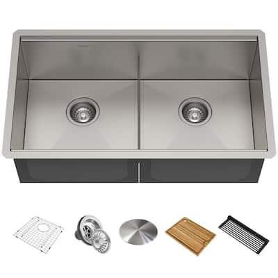 Kore Workstation 33 in. Stainless Steel Undermount Double Bowl Kitchen Sink w/ Integrated Ledge and Accessories