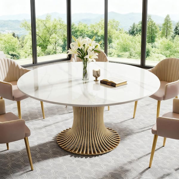 Roesler Modern White Sintered Stone Top 59" in. Gold Stainless Steel Pedestal Round Dining Table Seats 6