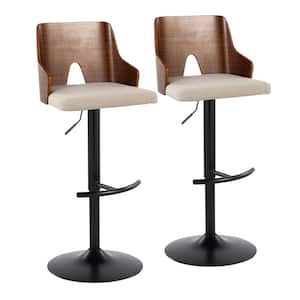 Ariana 34 in. Beige Fabric, Walnut Wood and Black Metal Adjustable Bar Stool with Rounded T Footrest (Set of 2)
