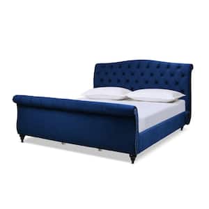 Nautlius King Bed Frame with Headboard and Footboard, Navy Blue Velvet
