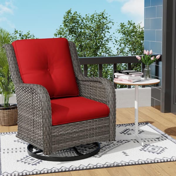 Wicker Outdoor Patio Swivel Rocking Chair with Red Cushions (1-Pack)