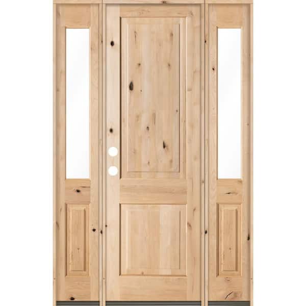 Krosswood Doors 58 in. x 96 in. Rustic Unfinished Knotty Alder Square-Top Wood Right-Hand Half Sidelites Clear Glass Prehung Front Door