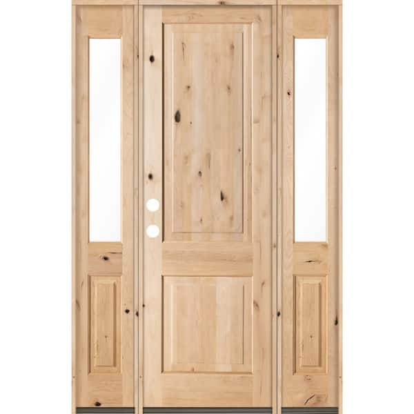 Krosswood Doors 60 in. x 96 in. Rustic Unfinished Knotty Alder Square-Top Wood Right-Hand Half Sidelites Clear Glass Prehung Front Door