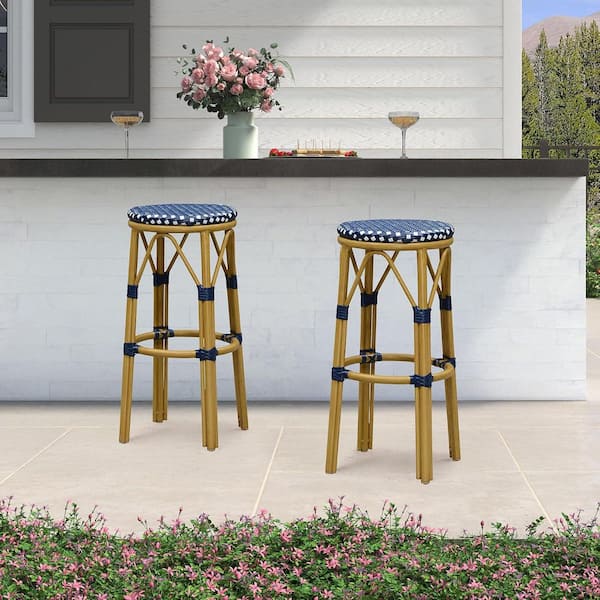 Modern Aluminum Backless Rattan Bar Height Outdoor Bar Stool with Navy Blue and White Cushion, Bamboo(2-Pack)