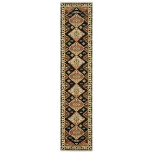 Lillian Navy/Multi-Colored 2 ft. x 12 ft. Oriental Tribal Medallion Wool/Nylon Blend Fringed-Edge Indoor Runner Area Rug