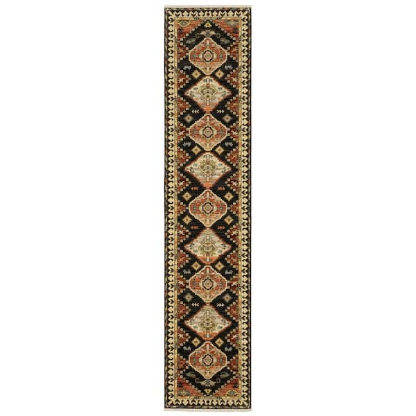 Lillian Navy/Multi-Colored 2 ft. x 12 ft. Oriental Tribal Medallion Wool/Nylon Blend Fringed-Edge Indoor Runner Area Rug