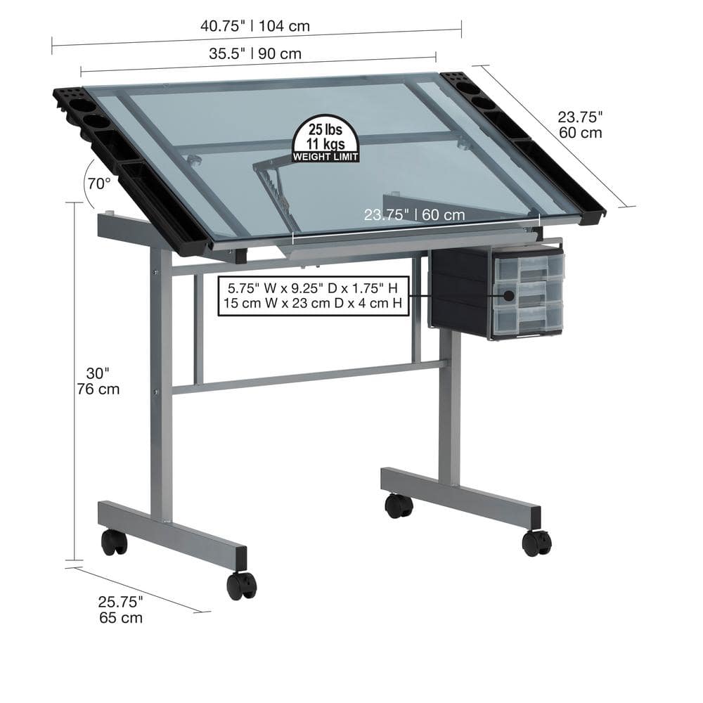 Silver-Blue Tempered Glass Craft & Drawing Desk with Adjustable Angle