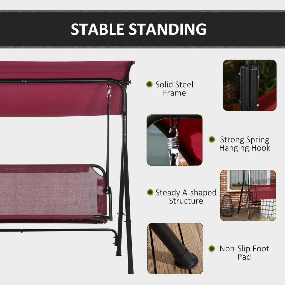 Wine Red Steel Frame 3-Person Patio Swing with Adjustable Canopy