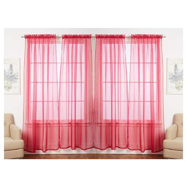 J&V TEXTILES Solid Bright Rose 55 in. W x 84 in. L Rod Pocket Sheer Window Curtain Panel (Set of 4)