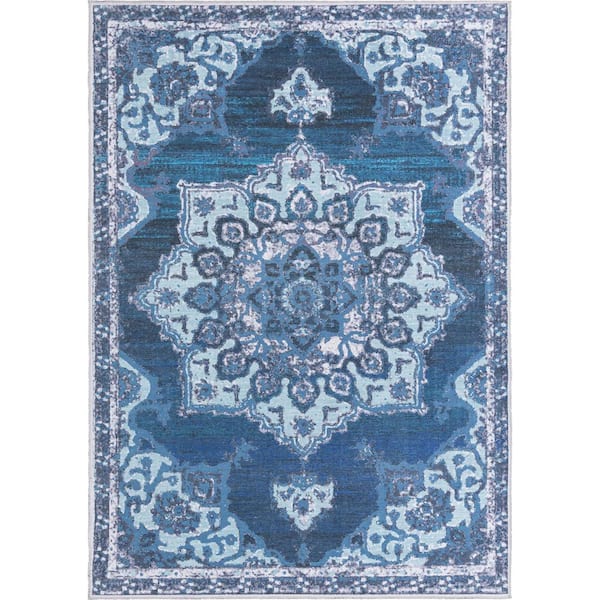 Renaissance Roma Navy Blue 7 ft. x 10 ft. Machine Washable Area Rug