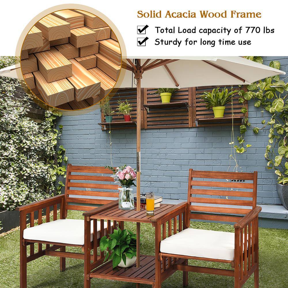 Acacia Wood 2-Person Patio Loveseat Set with Off-White Cushions