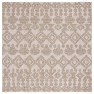 Global Beige/Brown 7 ft. x 7 ft. Square Diamond Dotted Indoor/Outdoor Patio Area Rug