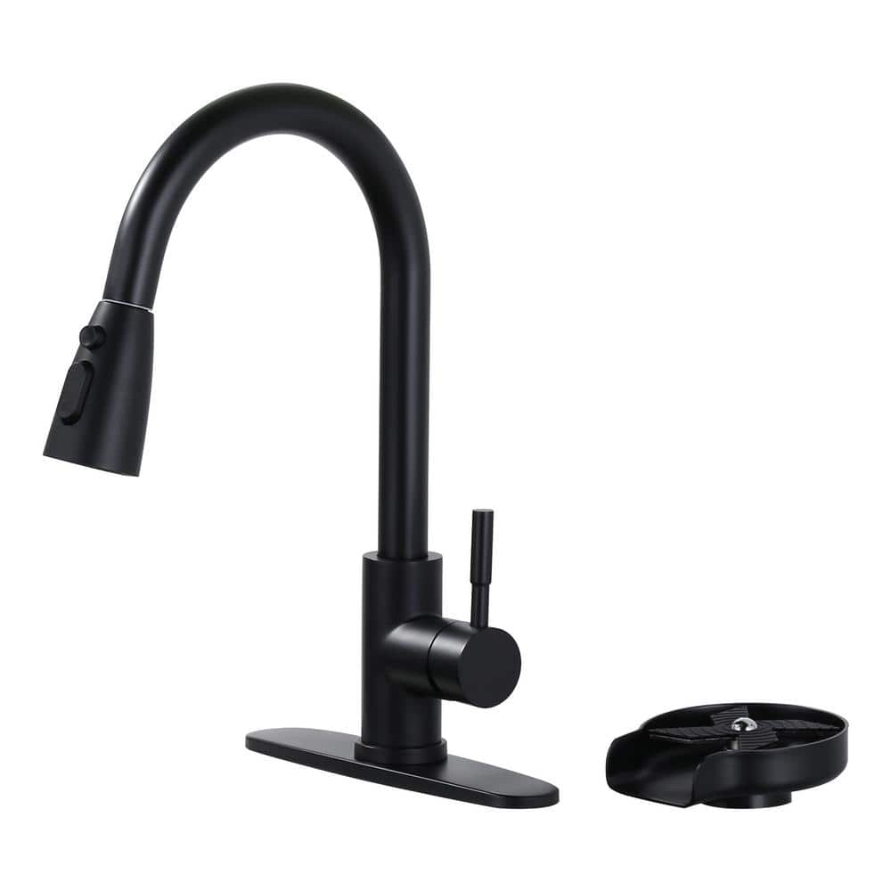 Matte Black Single Handle Pull-Down Kitchen Faucet with Deckplate