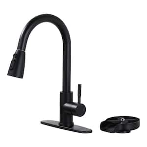 Single Handle Pull Down Sprayer Kitchen Faucet with Deckplate and Glass Rinser in Matte Black