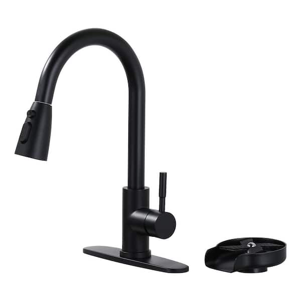 ARCORA Single Handle Pull Down Sprayer Kitchen Faucet with Deckplate and Glass Rinser in Matte Black