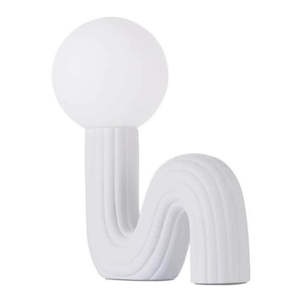 15 in. White Curved Resin Table Lamp with Integrated LED and White Shade